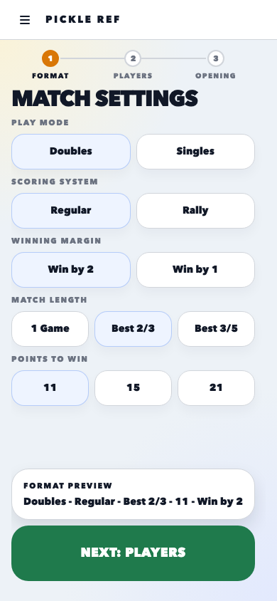 Pickle Ref match settings screen showing play mode, scoring system, match length, points to win, and winning margin